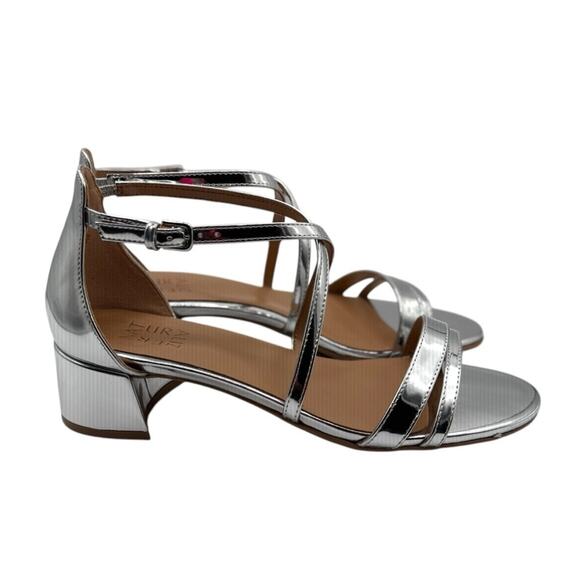 Naturalizer June Metallic Silver Crisscross Block Heel Dress Sandals Size 10W - Picture 2 of 10